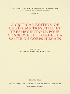 cover image of A Critical Edition of Le Régime tresutile et tresproufitable pour conserver et garder la santé du corps humain
